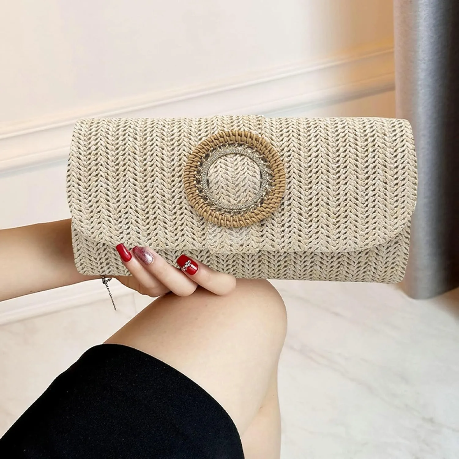 Straw Woven Clutch Purse 2025 Summer Boho Evening Handbag Chain Crossbody Bag Flap Envelope Vacation
