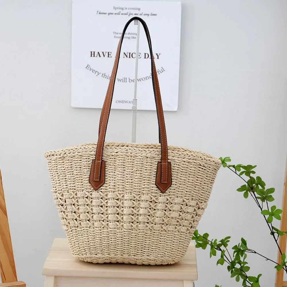 Straw Woven Tote Bag for Women Summer Beach Handbag Market Shopping Holiday Travel Shoulder Bag