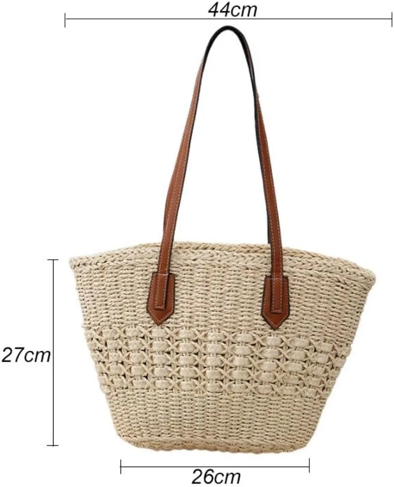 Straw Woven Tote Bag for Women Summer Beach Handbag Market Shopping Holiday Travel Shoulder Bag