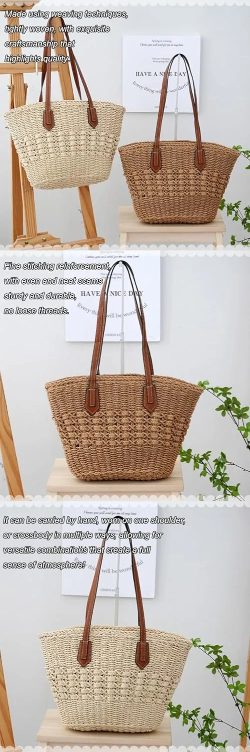 Straw Woven Tote Bag for Women Summer Beach Handbag Market Shopping Holiday Travel Shoulder Bag