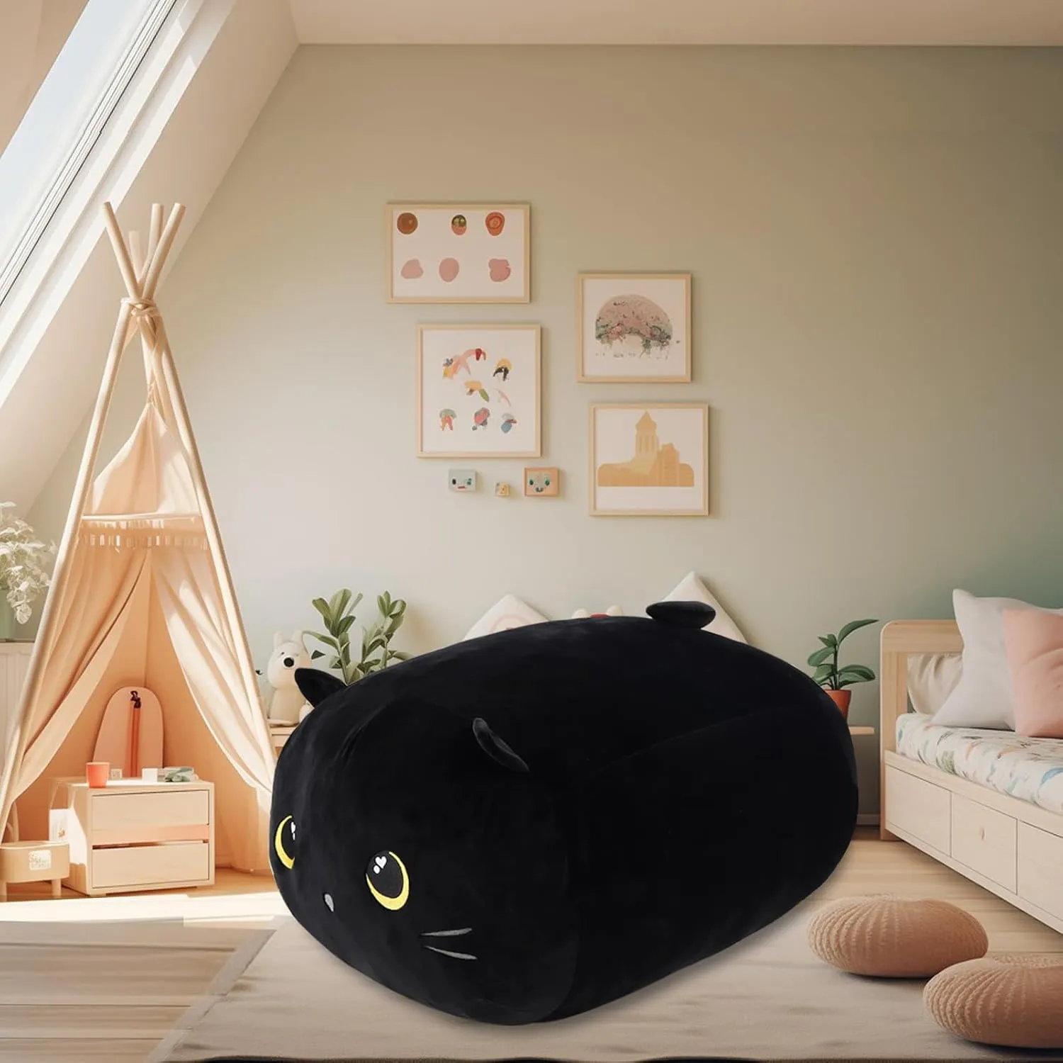 Stuffed Animal Storage Bean Bag Chair Cover for Kids Cute Black Cat Large Beanbag Plush Toy Bedroom Décor Organizer Cover, No Beans