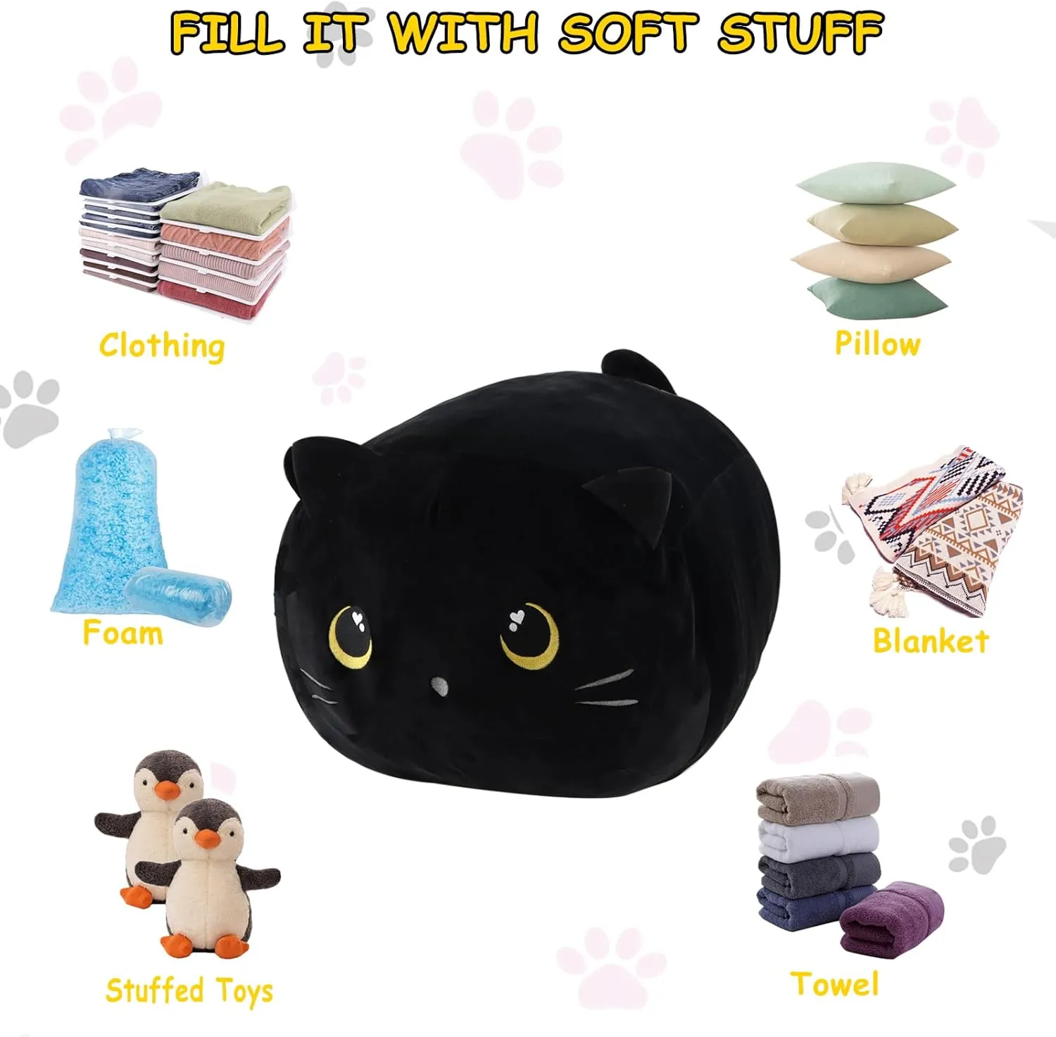 Stuffed Animal Storage Bean Bag Chair Cover for Kids Cute Black Cat Large Beanbag Plush Toy Bedroom Décor Organizer Cover, No Beans