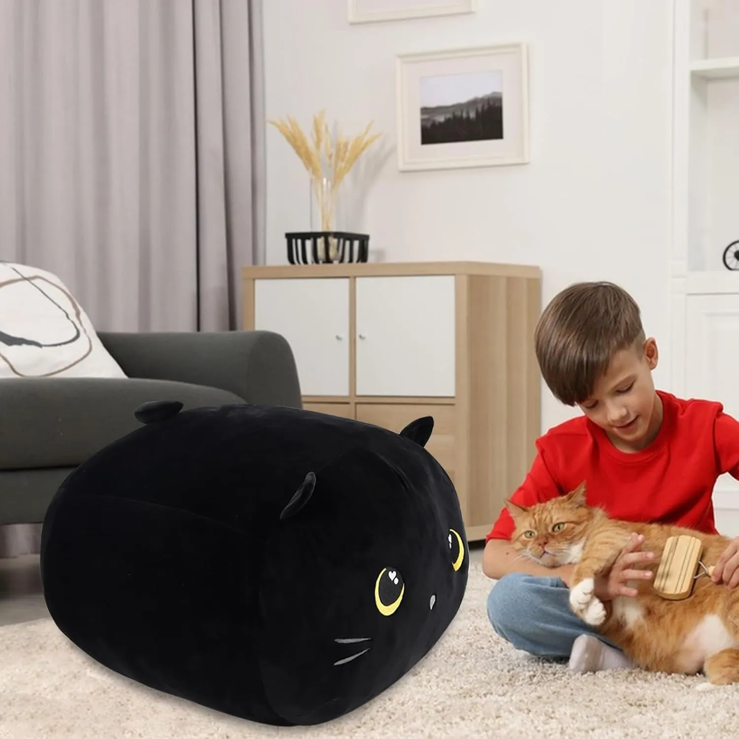 Stuffed Animal Storage Bean Bag Chair Cover for Kids Cute Black Cat Large Beanbag Plush Toy Bedroom Décor Organizer Cover, No Beans