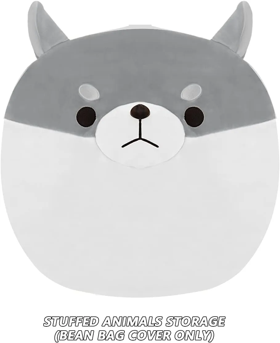 Stuffed Animal Storage Bean Bag Chair Cover for Kids Grey Shiba Inu Dog Bean Bag Chair for Girls X-Large Size Toy Organizer Cover Only Without Filling