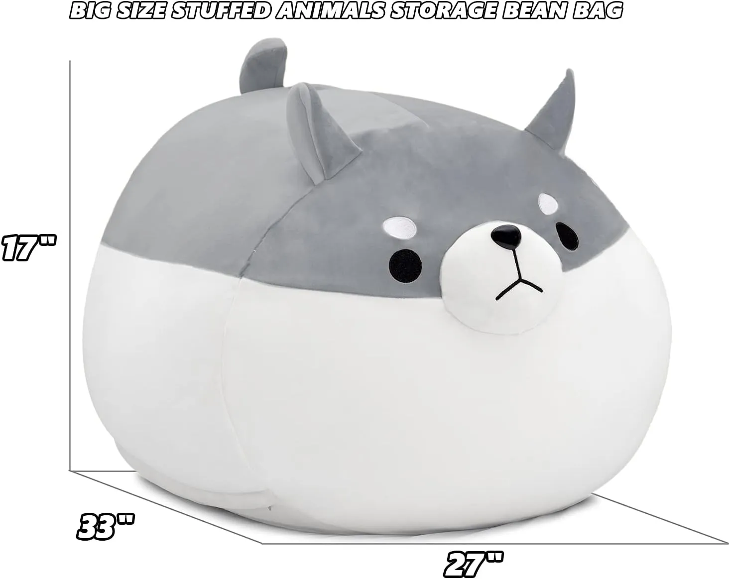 Stuffed Animal Storage Bean Bag Chair Cover for Kids Grey Shiba Inu Dog Bean Bag Chair for Girls X-Large Size Toy Organizer Cover Only Without Filling