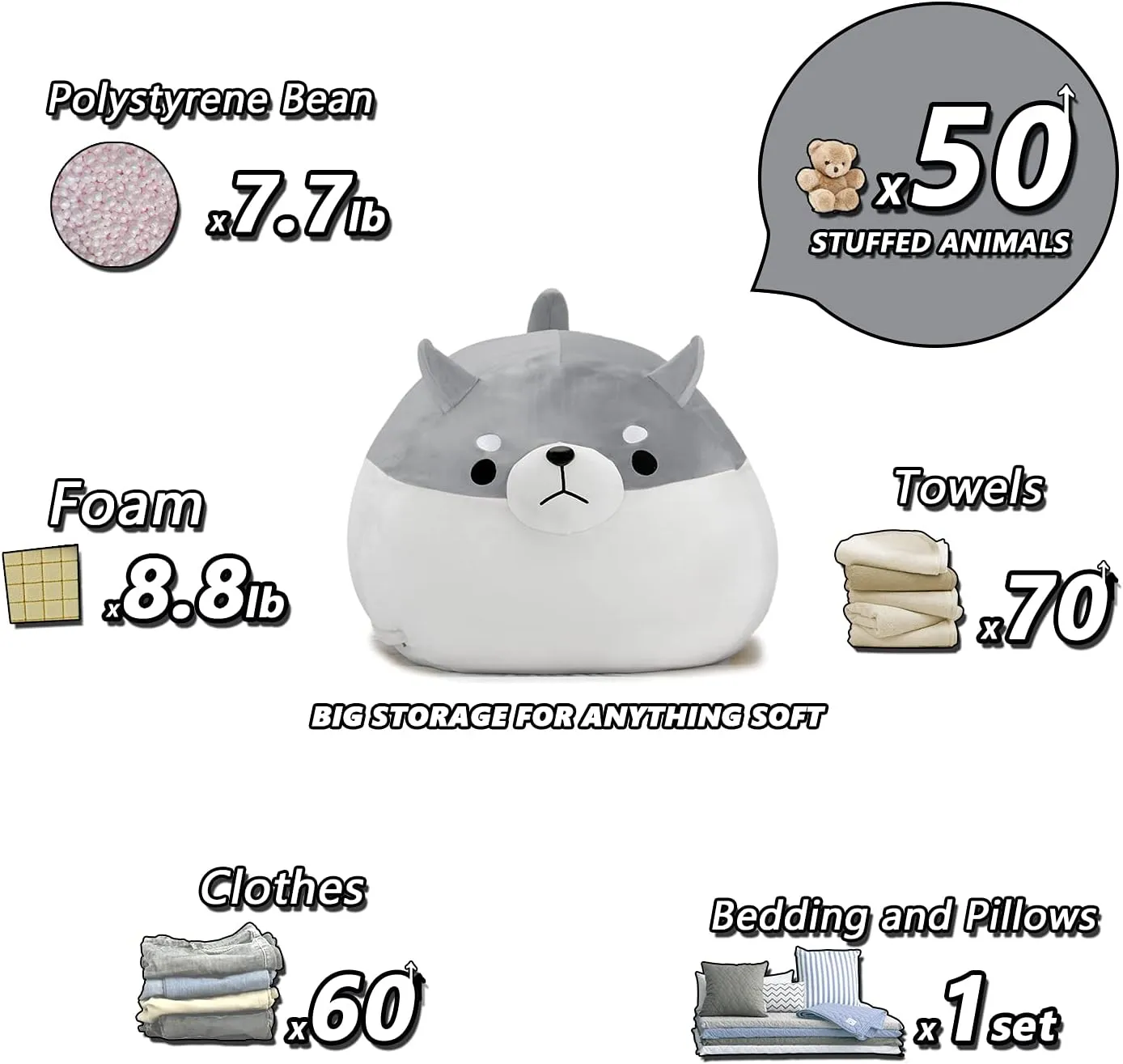 Stuffed Animal Storage Bean Bag Chair Cover for Kids Grey Shiba Inu Dog Bean Bag Chair for Girls X-Large Size Toy Organizer Cover Only Without Filling