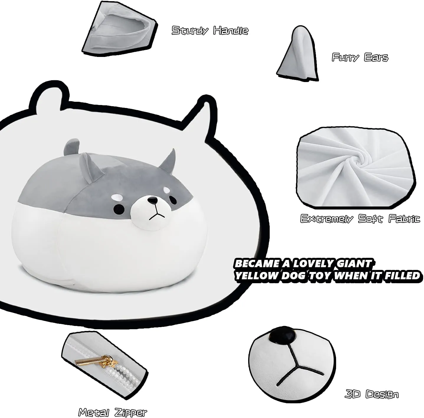 Stuffed Animal Storage Bean Bag Chair Cover for Kids Grey Shiba Inu Dog Bean Bag Chair for Girls X-Large Size Toy Organizer Cover Only Without Filling