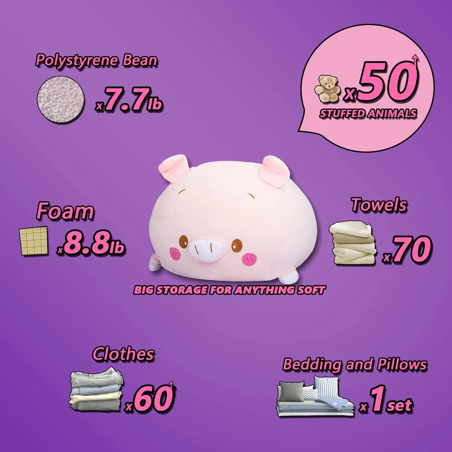 Stuffed Animal Storage Bean Bag Chair Cover for Kids Pink Pig Plush Bean Bag Chair for Girls Large Size Toy Organizer Cover Only Without Filling