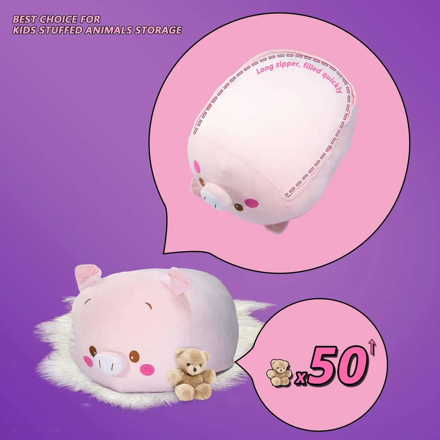 Stuffed Animal Storage Bean Bag Chair Cover for Kids Pink Pig Plush Bean Bag Chair for Girls Large Size Toy Organizer Cover Only Without Filling