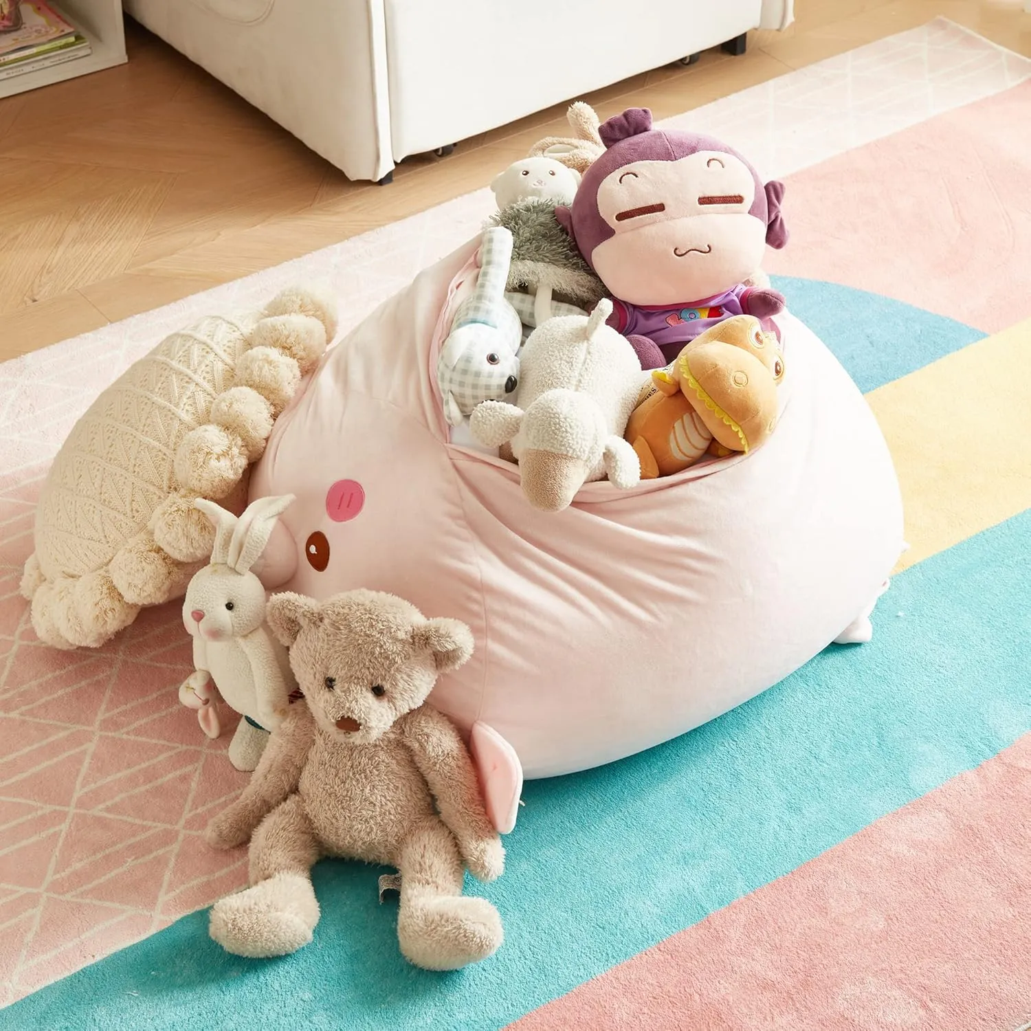 Stuffed Animal Storage Bean Bag Chair Cover for Kids Pink Pig Plush Bean Bag Chair for Girls Large Size Toy Organizer Cover Only Without Filling