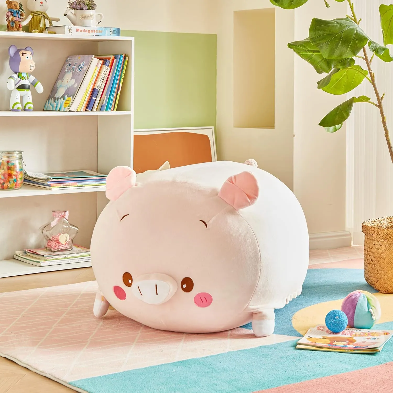 Stuffed Animal Storage Bean Bag Chair Cover for Kids Pink Pig Plush Bean Bag Chair for Girls Large Size Toy Organizer Cover Only Without Filling