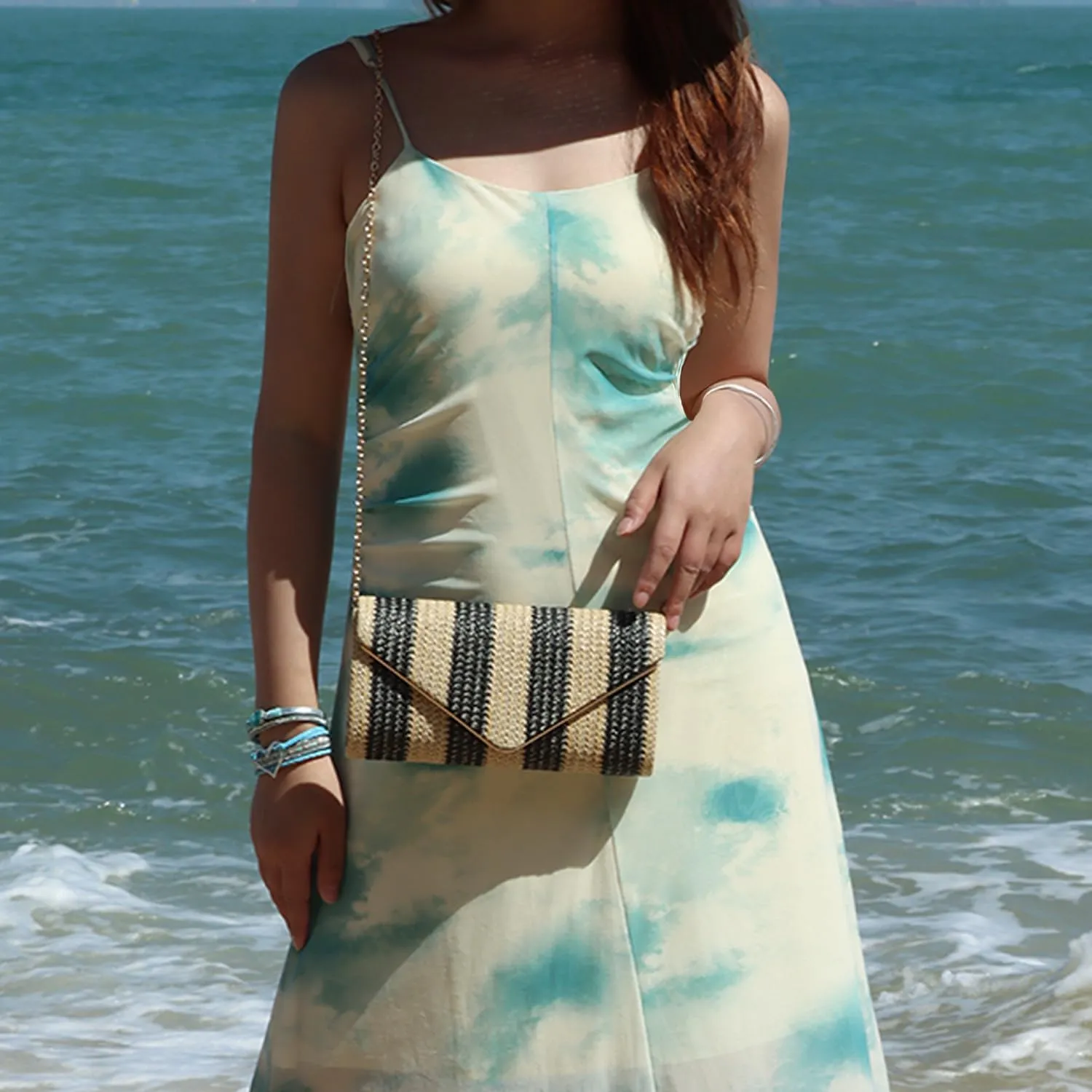 SUKUTU Straw Clutch Purse for Women Woven Evening Envelope Bag Summer Beach Crossbody Handbag with Chain Strap
