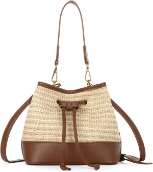 SUKUTU Straw Drawstring Shoulder Bag Bucket Bag for Women Summer Handwoven Beach Vacation Handbag Crossbody Bag
