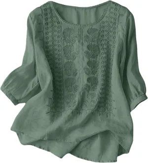 Summer Tops for Women 2025 Trendy V Neck Roll Up 3/4 Sleeve Lapel Blouse Tops Blouses Summer Plus Size Linen