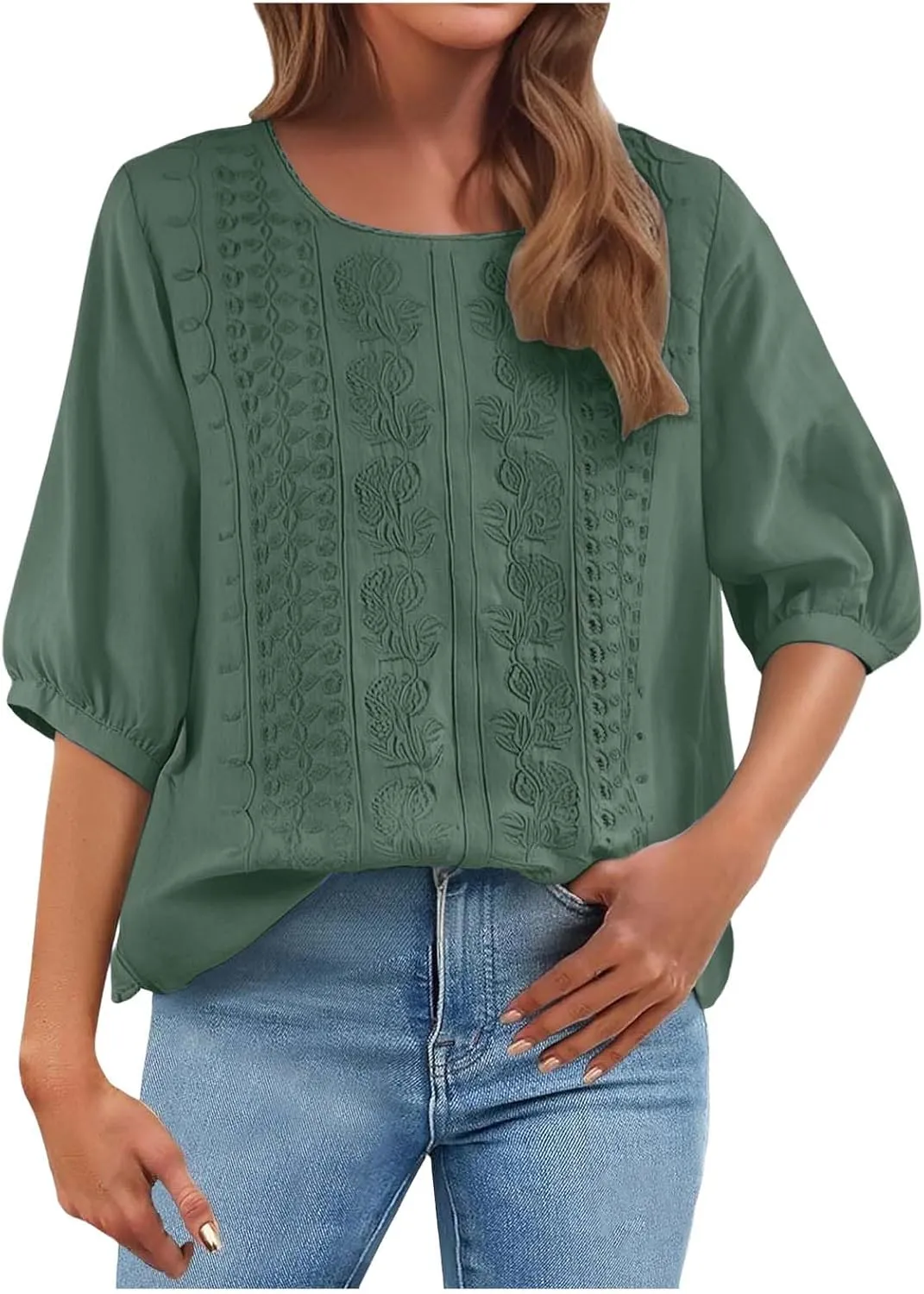 Summer Tops for Women 2025 Trendy V Neck Roll Up 3/4 Sleeve Lapel Blouse Tops Blouses Summer Plus Size Linen