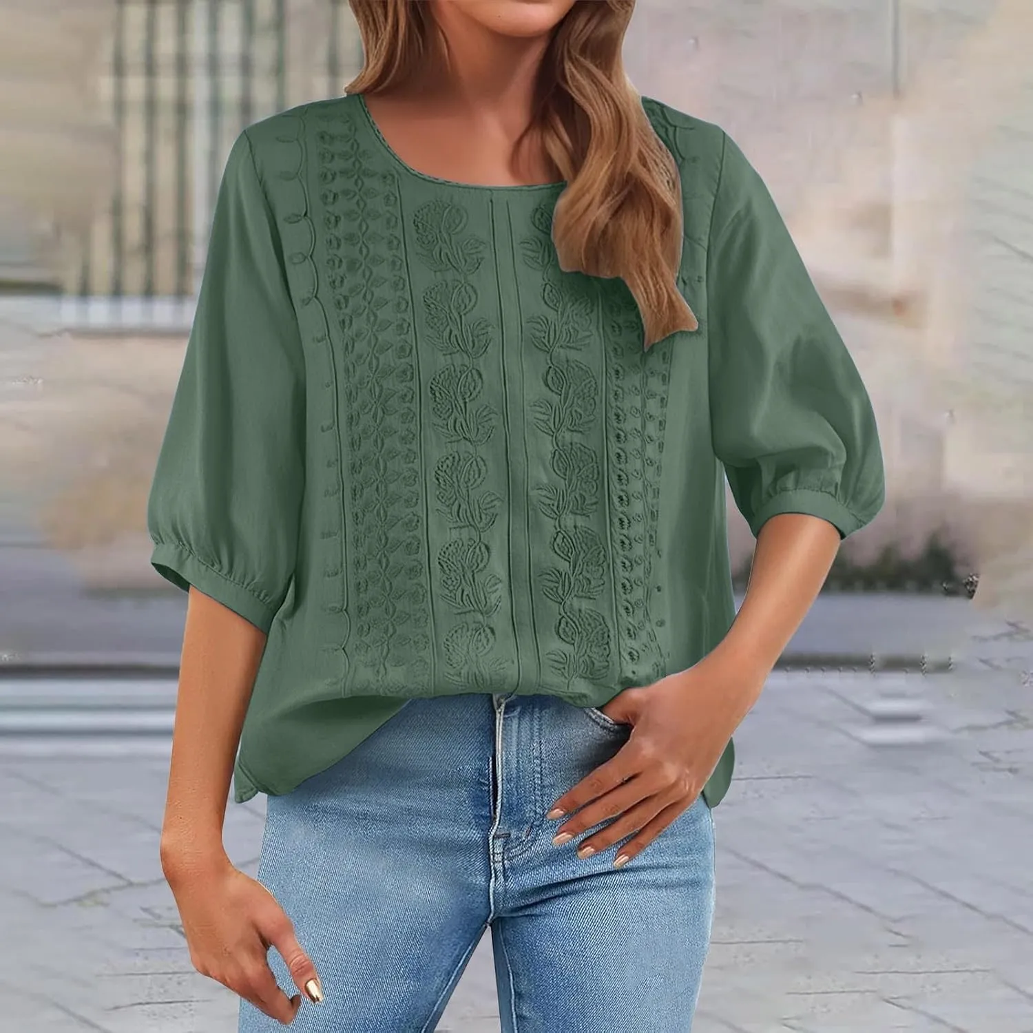 Summer Tops for Women 2025 Trendy V Neck Roll Up 3/4 Sleeve Lapel Blouse Tops Blouses Summer Plus Size Linen