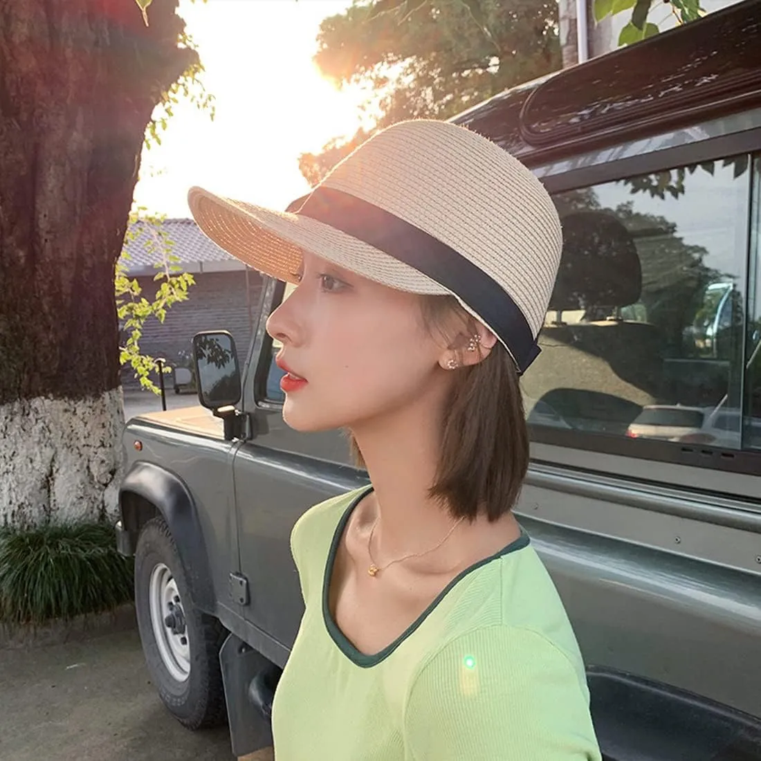 Summer Visor Hats for Women Foldable Floppy Solid Color Straw Sun Hat Travel Beach Baseball Cap