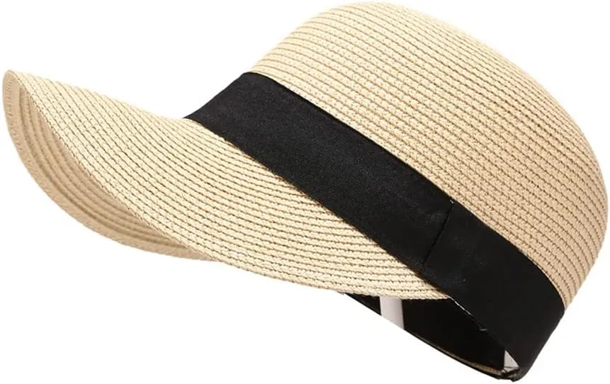 Summer Visor Hats for Women Foldable Floppy Solid Color Straw Sun Hat Travel Beach Baseball Cap