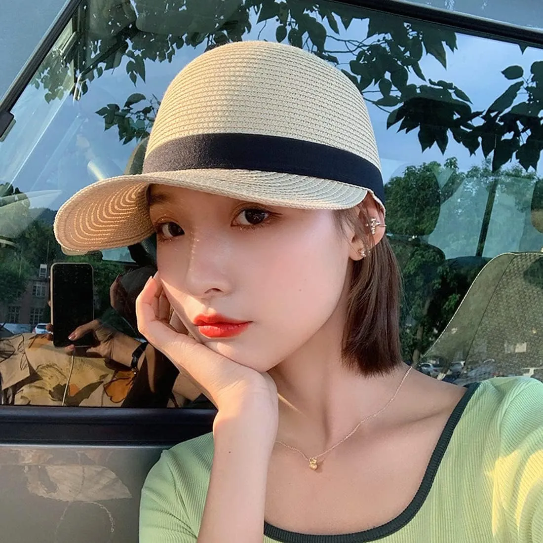 Summer Visor Hats for Women Foldable Floppy Solid Color Straw Sun Hat Travel Beach Baseball Cap