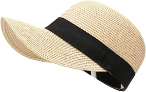 Summer Visor Hats for Women Foldable Floppy Solid Color Straw Sun Hat Travel Beach Baseball Cap