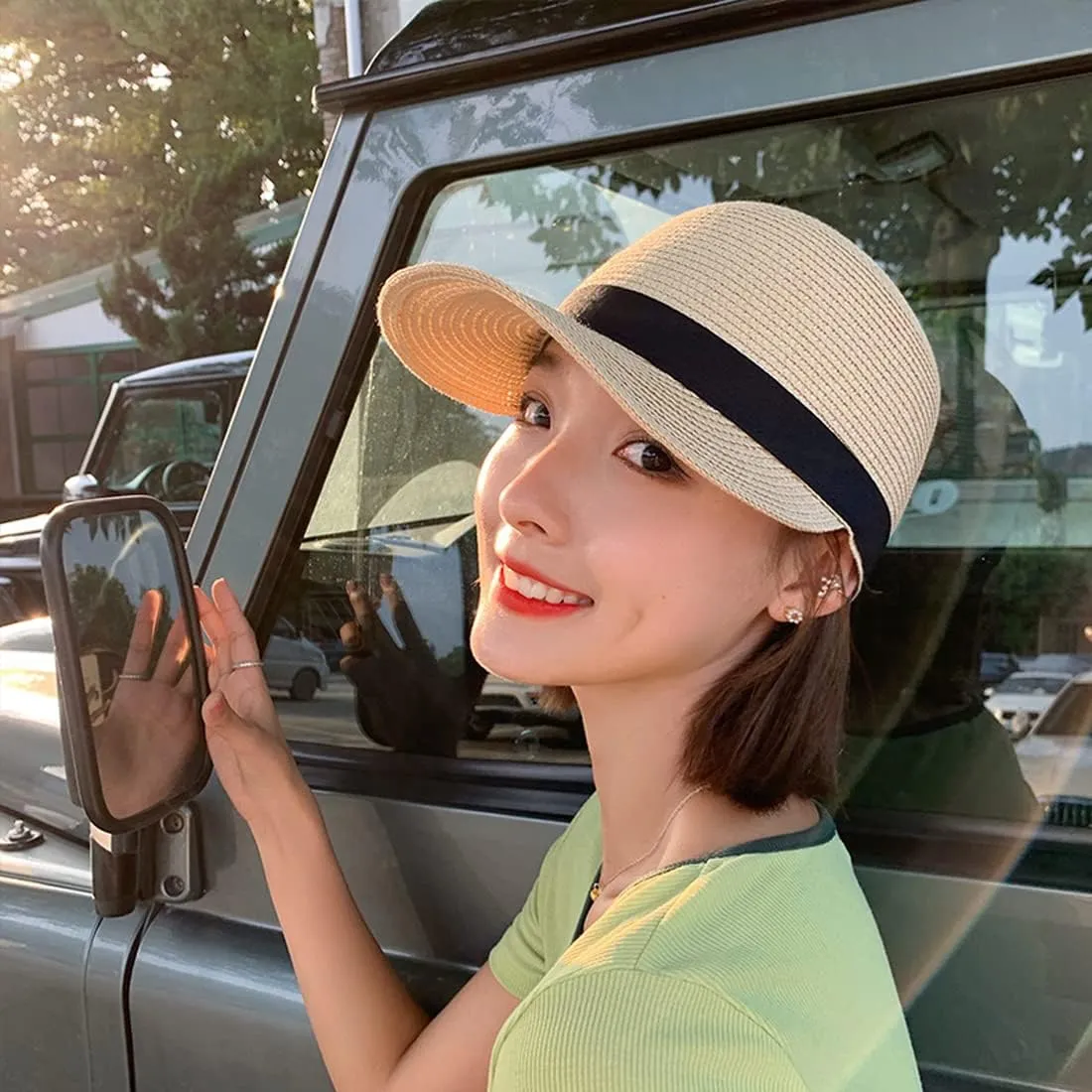 Summer Visor Hats for Women Foldable Floppy Solid Color Straw Sun Hat Travel Beach Baseball Cap