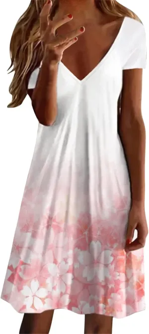 Sun Dresses for Women 2025 Vacation Vintage Printed Beach Midi Dresses Casual Deep V Neck Short Sleeve Maxi Dress