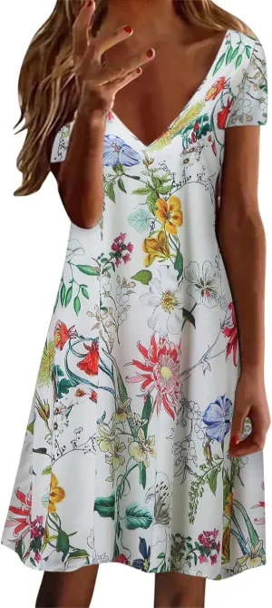 Sun Dresses for Women 2025 Vacation Vintage Printed Beach Midi Dresses Casual Deep V Neck Short Sleeve Maxi Dress