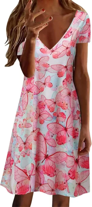 Sun Dresses for Women 2025 Vacation Vintage Printed Beach Midi Dresses Casual Deep V Neck Short Sleeve Maxi Dress