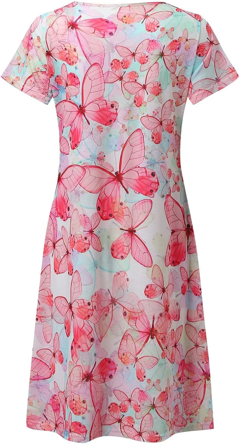 Sun Dresses for Women 2025 Vacation Vintage Printed Beach Midi Dresses Casual Deep V Neck Short Sleeve Maxi Dress