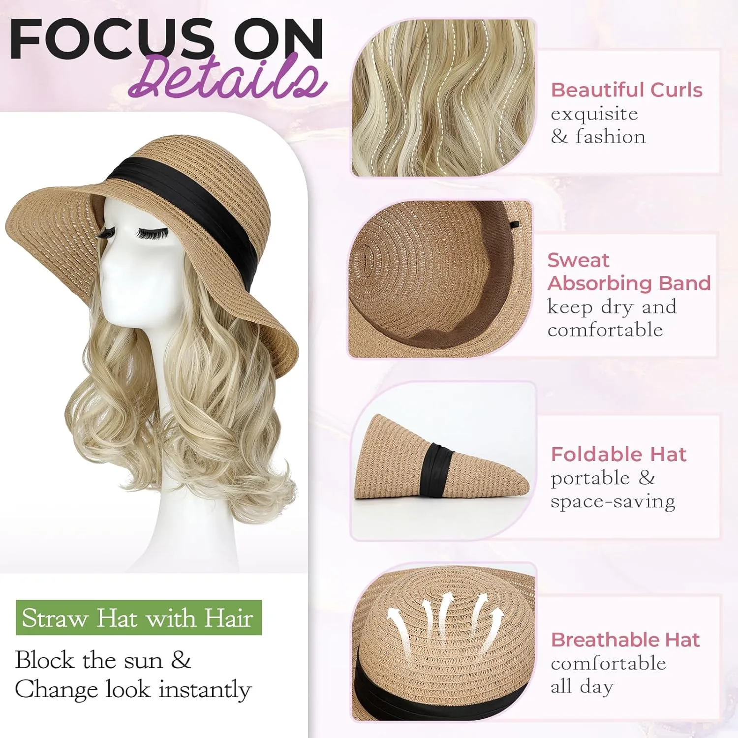Sun Hat, Straw Hat Wig Detachable Adjustable Cap with 12 Inch Synthetic Wavy Hair Extensions Foldable for Women Summer Beach Outdoors Ash Blonde Mix Bleach Blonde