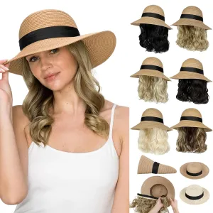 Sun Hat, Straw Hat Wig Detachable Adjustable Cap with 12 Inch Synthetic Wavy Hair Extensions Foldable for Women Summer Beach Outdoors Ash Blonde Mix Bleach Blonde
