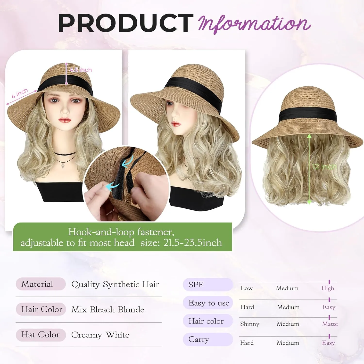 Sun Hat, Straw Hat Wig Detachable Adjustable Cap with 12 Inch Synthetic Wavy Hair Extensions Foldable for Women Summer Beach Outdoors Ash Blonde Mix Bleach Blonde