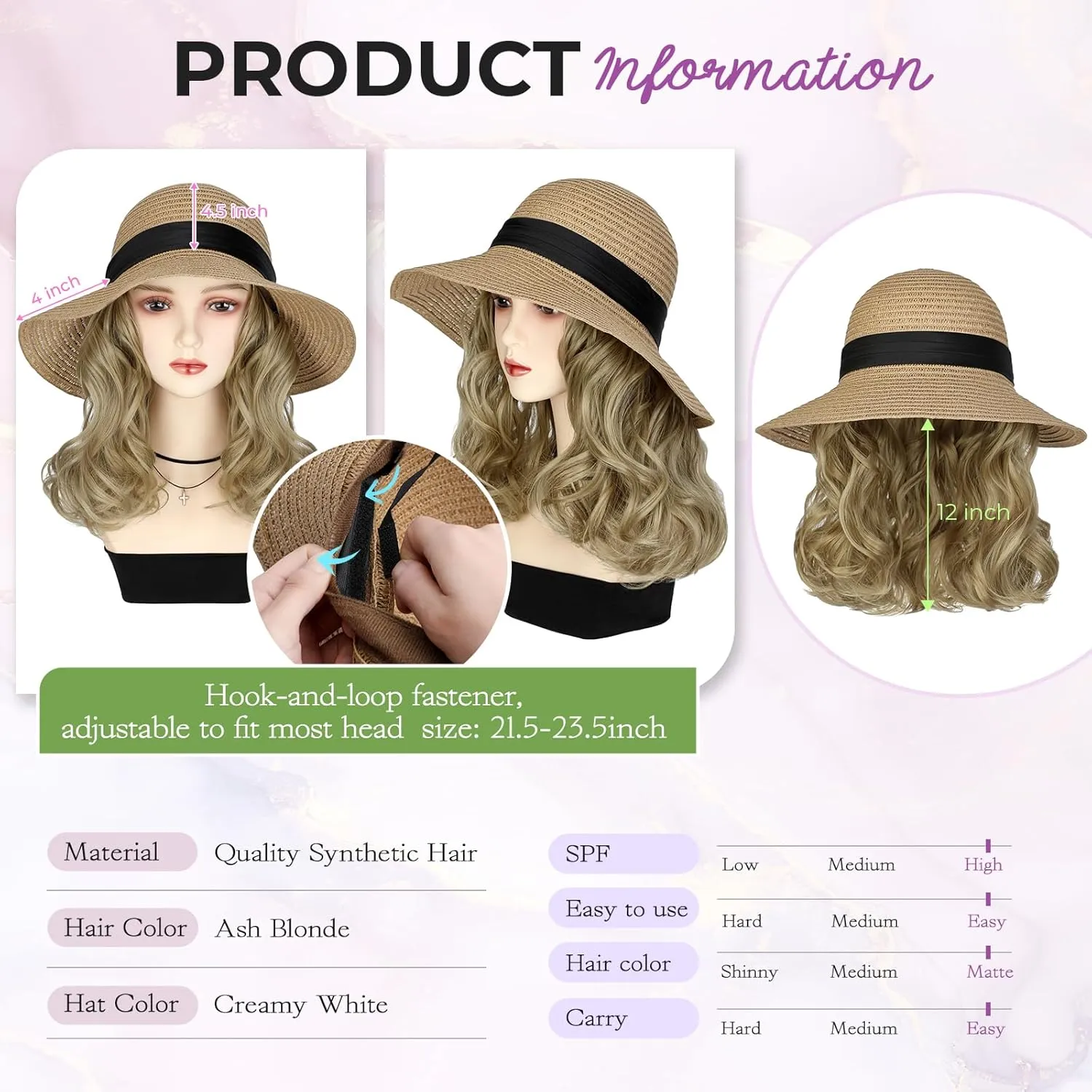 Sun Hat, Straw Hat Wig Detachable Adjustable Cap with 12 Inch Synthetic Wavy Hair Extensions Foldable for Women Summer Beach Outdoors Ash Blonde