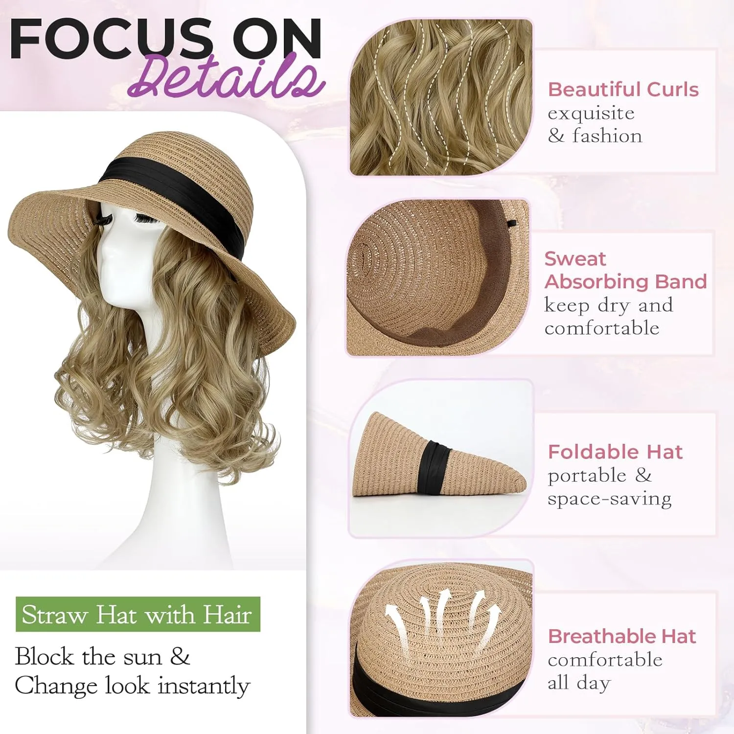 Sun Hat, Straw Hat Wig Detachable Adjustable Cap with 12 Inch Synthetic Wavy Hair Extensions Foldable for Women Summer Beach Outdoors Ash Blonde