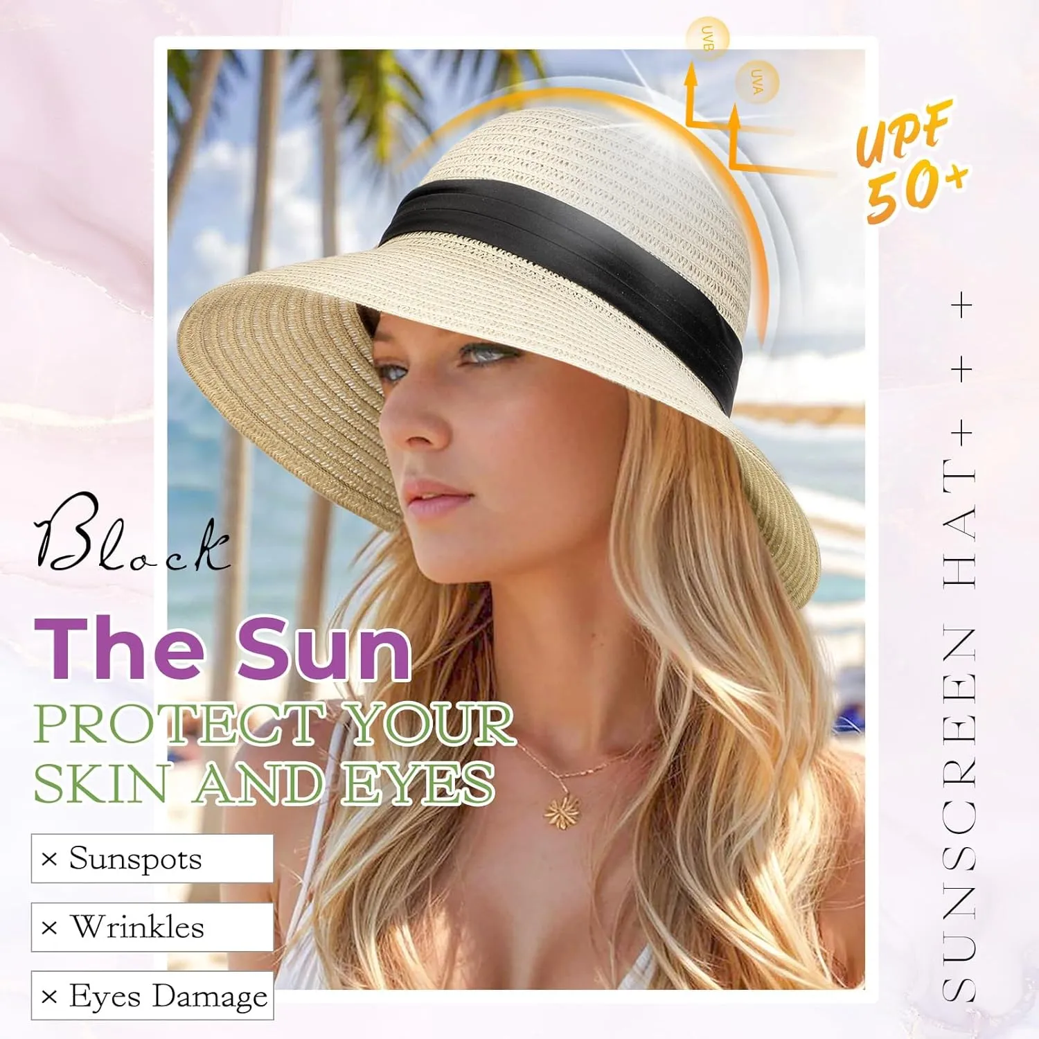 Sun Hat, Straw Hat Wig Detachable Adjustable Cap with 12 Inch Synthetic Wavy Hair Extensions Foldable for Women Summer Beach Outdoors Bleach Blonde
