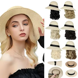 Sun Hat, Straw Hat Wig Detachable Adjustable Cap with 12 Inch Synthetic Wavy Hair Extensions Foldable for Women Summer Beach Outdoors Bleach Blonde