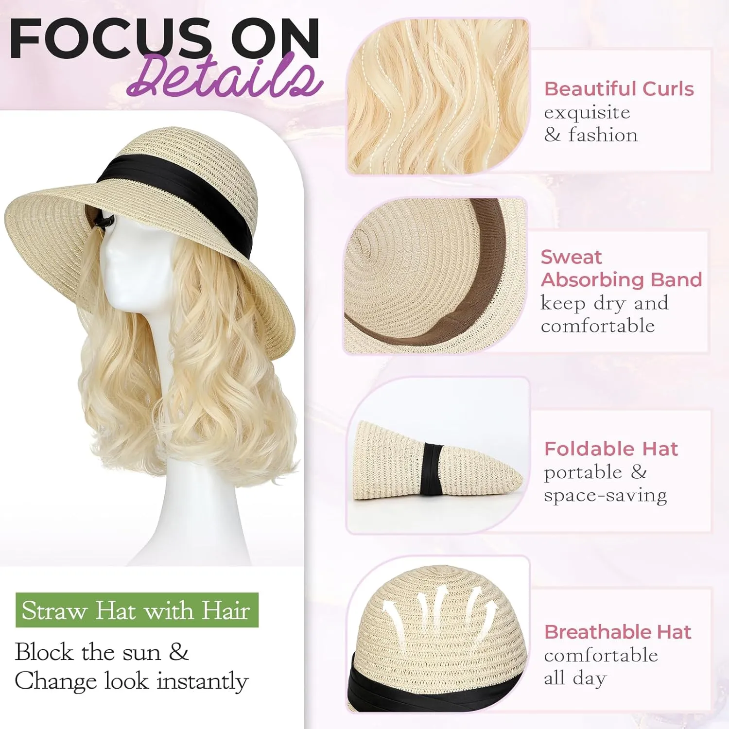 Sun Hat, Straw Hat Wig Detachable Adjustable Cap with 12 Inch Synthetic Wavy Hair Extensions Foldable for Women Summer Beach Outdoors Bleach Blonde