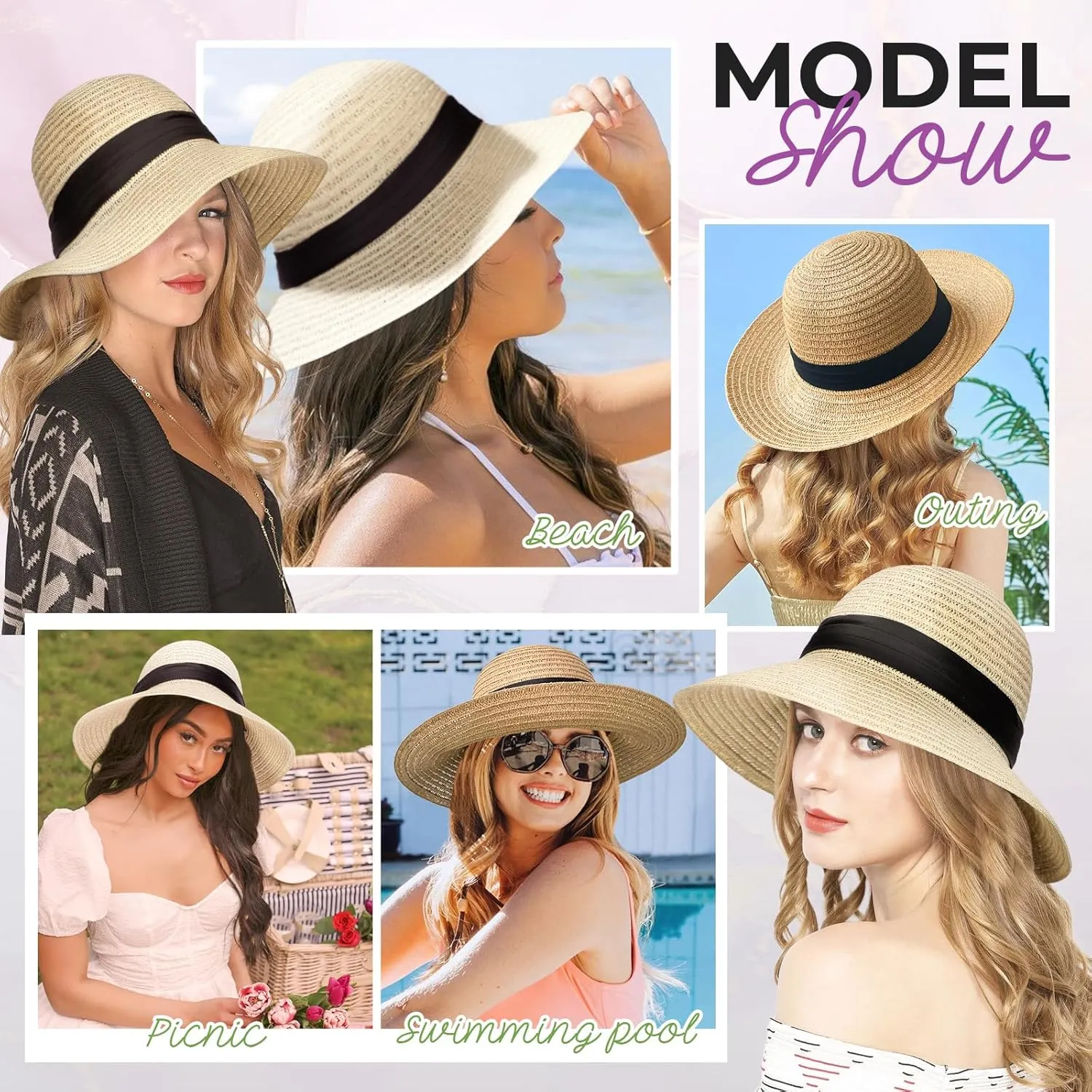 Sun Hat, Straw Hat Wig Detachable Adjustable Cap with 12 Inch Synthetic Wavy Hair Extensions Foldable for Women Summer Beach Outdoors Bleach Blonde