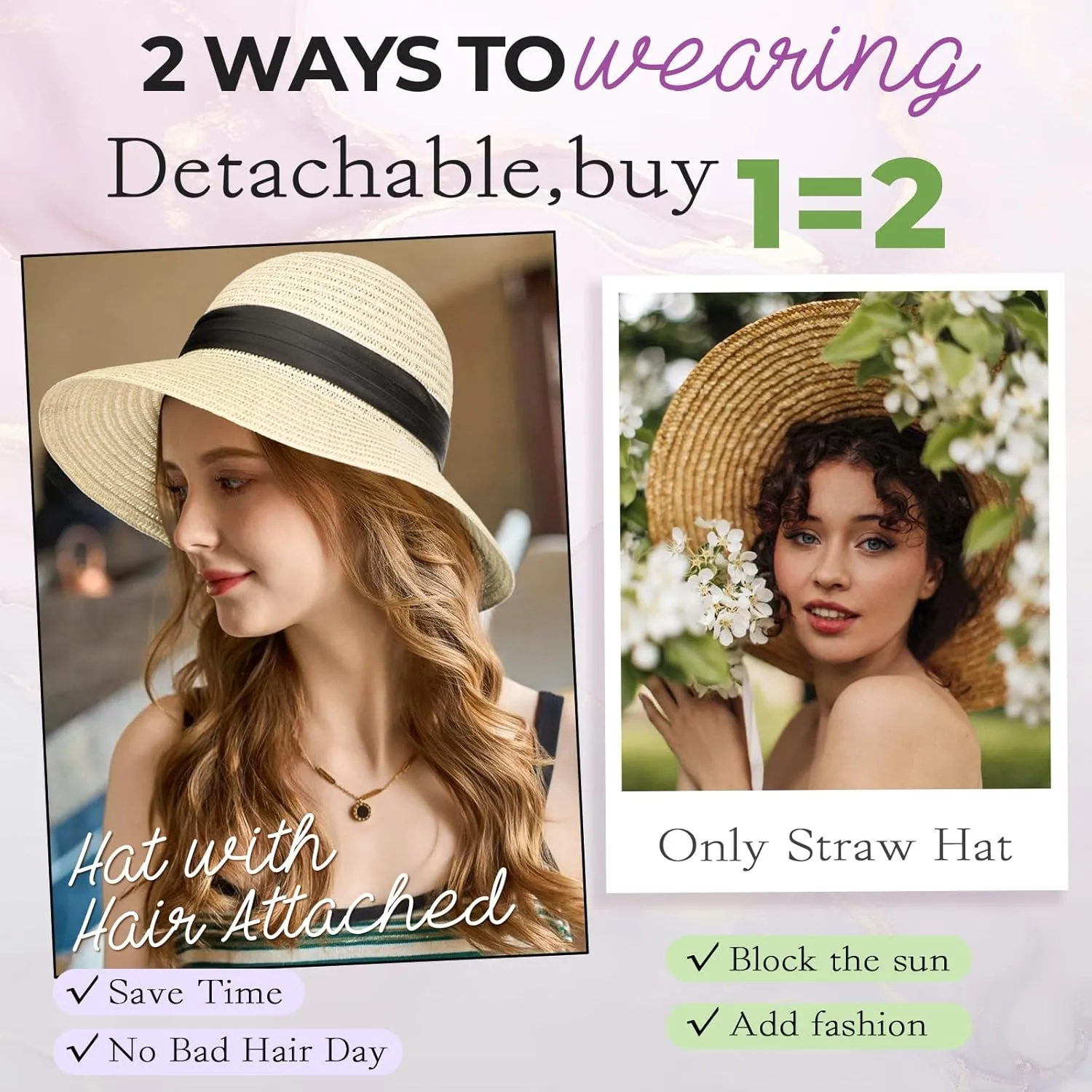 Sun Hat, Straw Hat Wig Detachable Adjustable Cap with 12 Inch Synthetic Wavy Hair Extensions Foldable for Women Summer Beach Outdoors Bleach Blonde