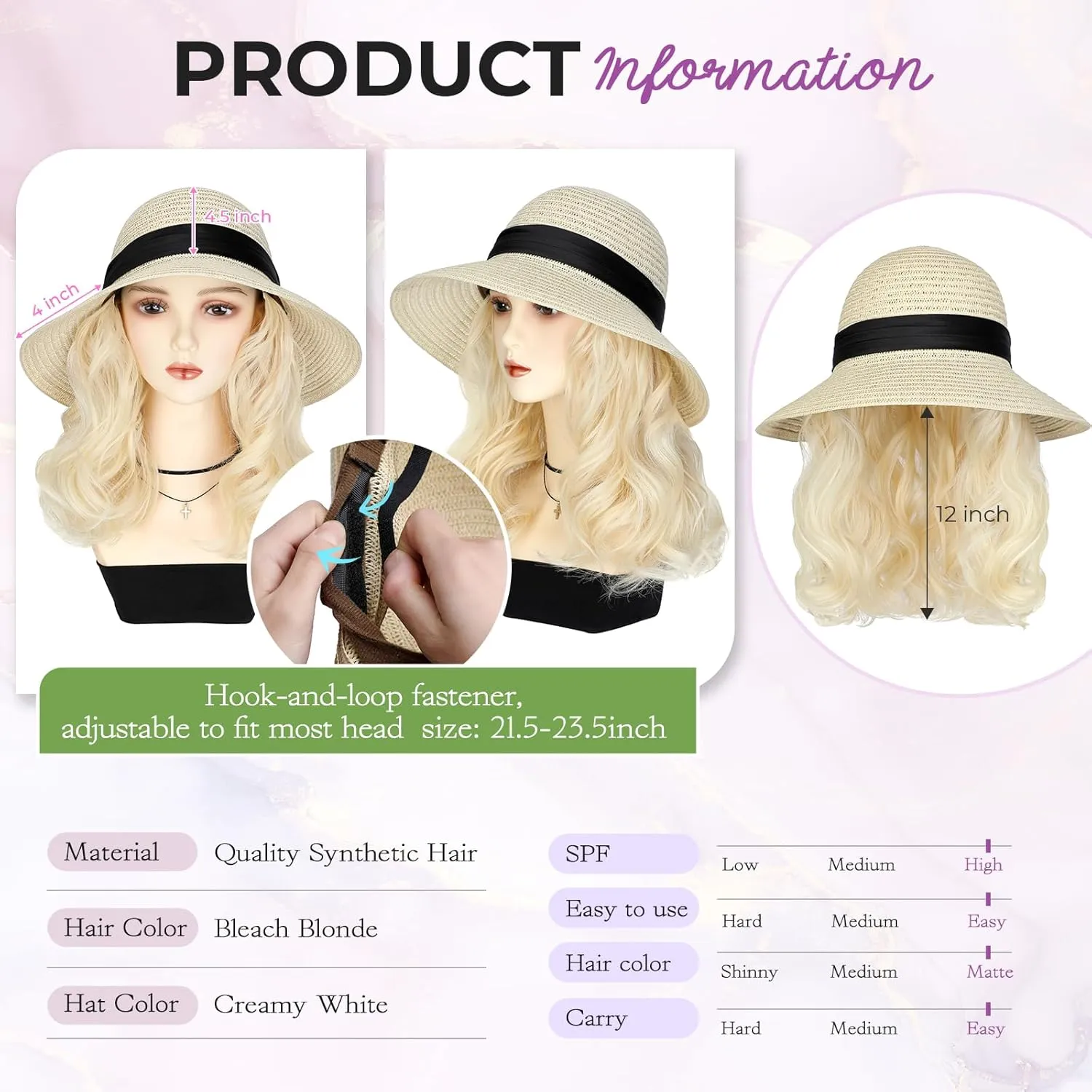 Sun Hat, Straw Hat Wig Detachable Adjustable Cap with 12 Inch Synthetic Wavy Hair Extensions Foldable for Women Summer Beach Outdoors Bleach Blonde
