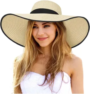 Sun Hats for Women Oversize Wide Brim Straw Beach Hat UV Protection Floppy Foldable Roll-Up Travel Summer Vacation UPF 50 