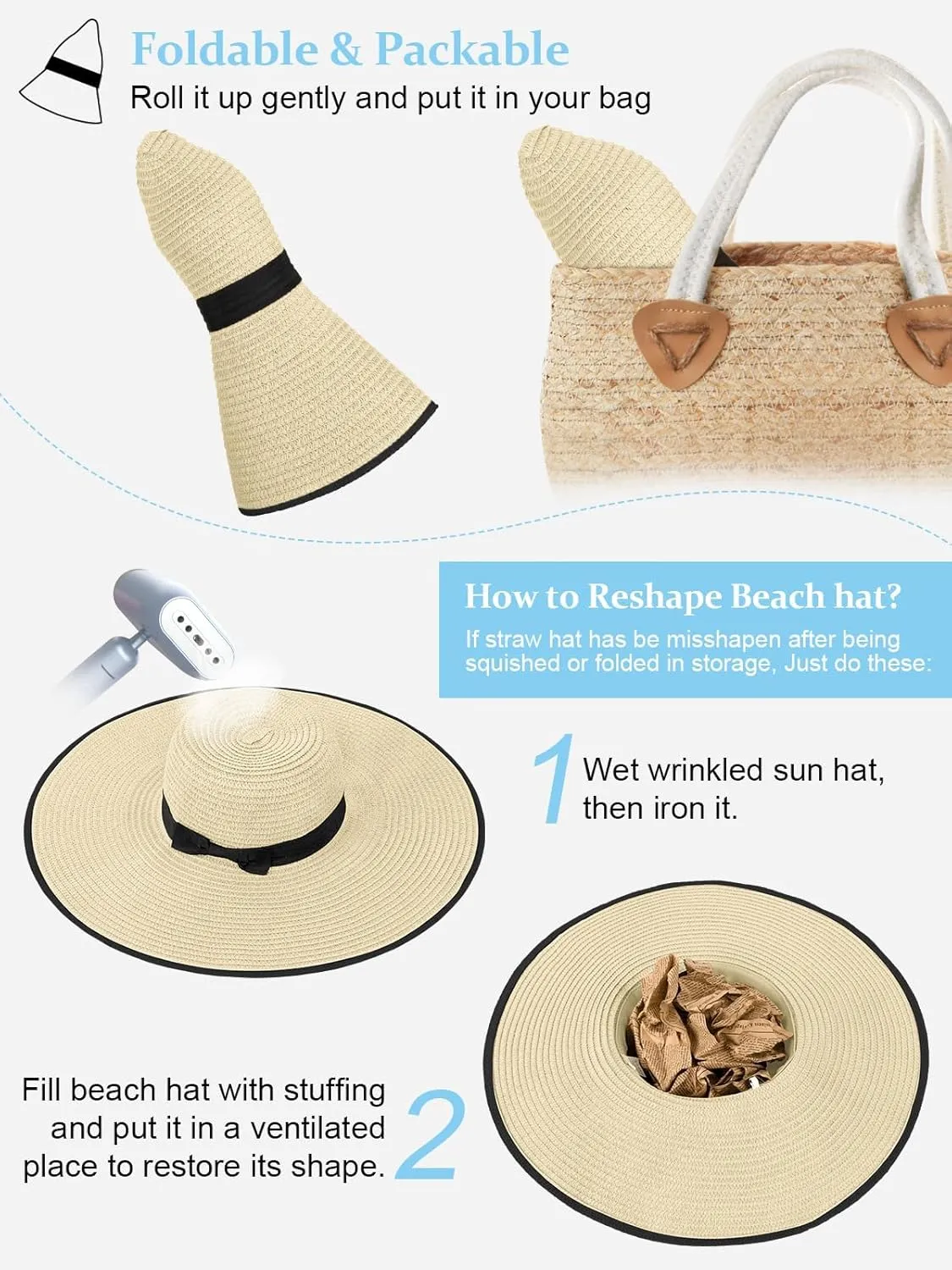 Sun Hats for Women Oversize Wide Brim Straw Beach Hat UV Protection Floppy Foldable Roll-Up Travel Summer Vacation UPF 50 