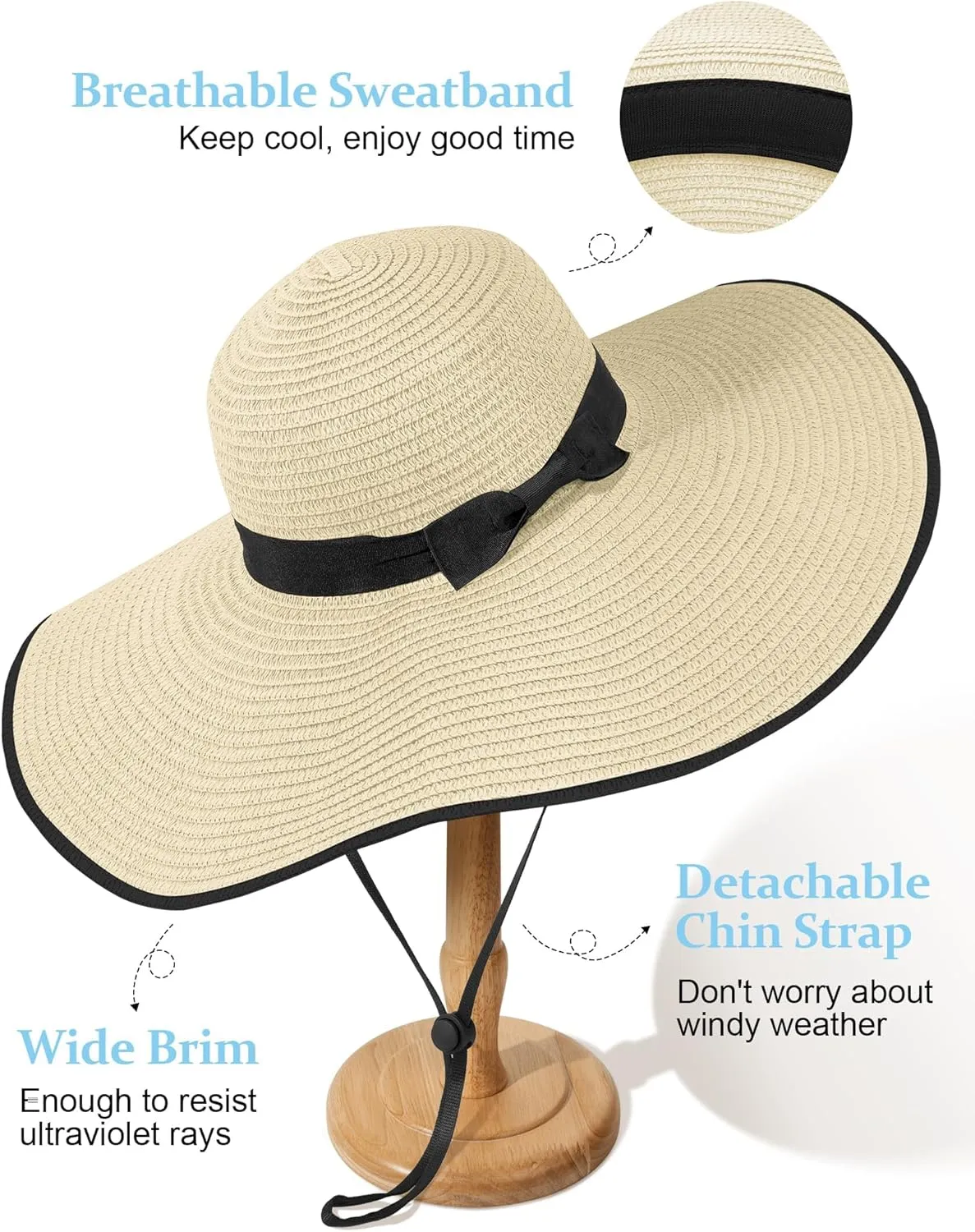 Sun Hats for Women Oversize Wide Brim Straw Beach Hat UV Protection Floppy Foldable Roll-Up Travel Summer Vacation UPF 50 
