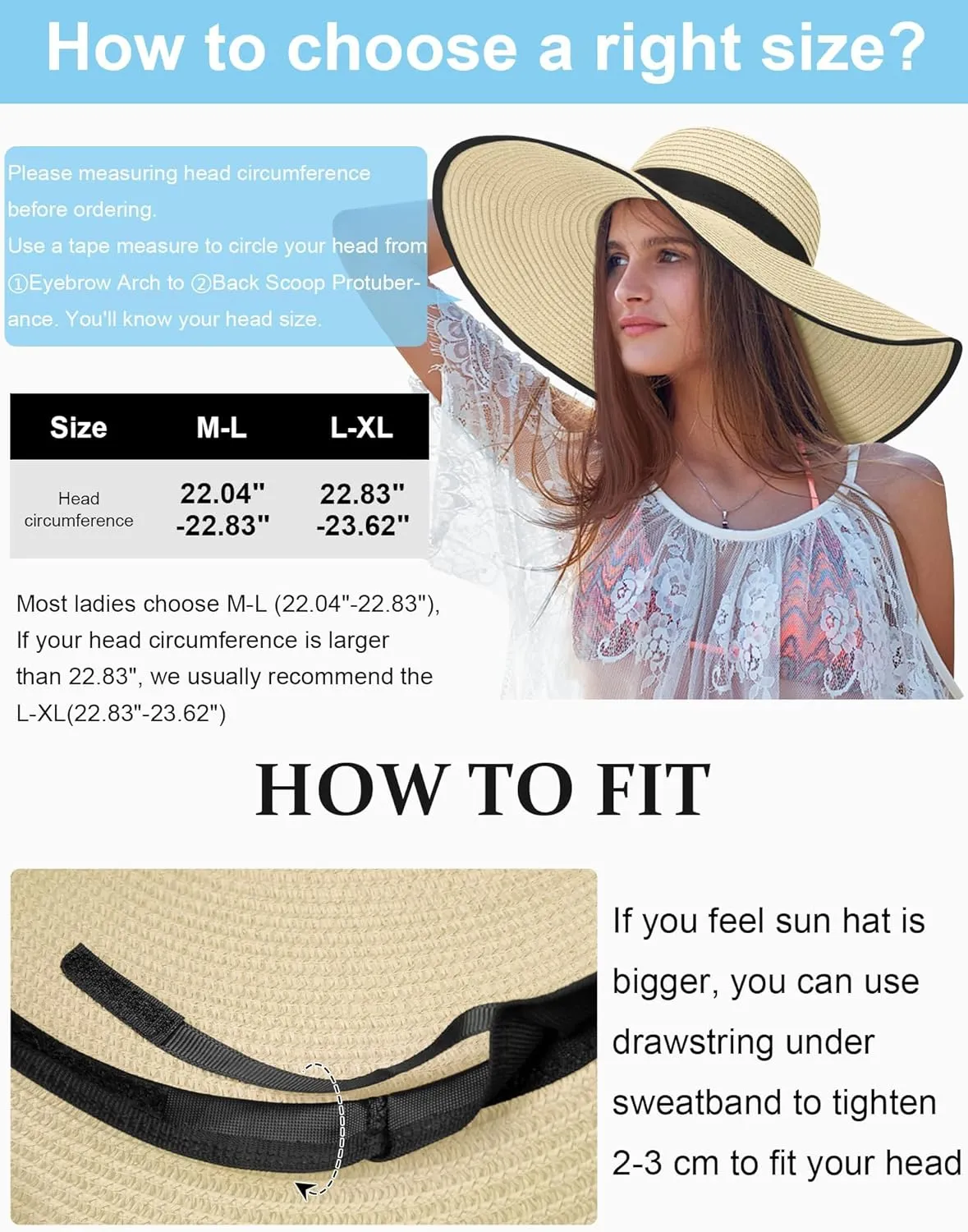 Sun Hats for Women Oversize Wide Brim Straw Beach Hat UV Protection Floppy Foldable Roll-Up Travel Summer Vacation UPF 50 