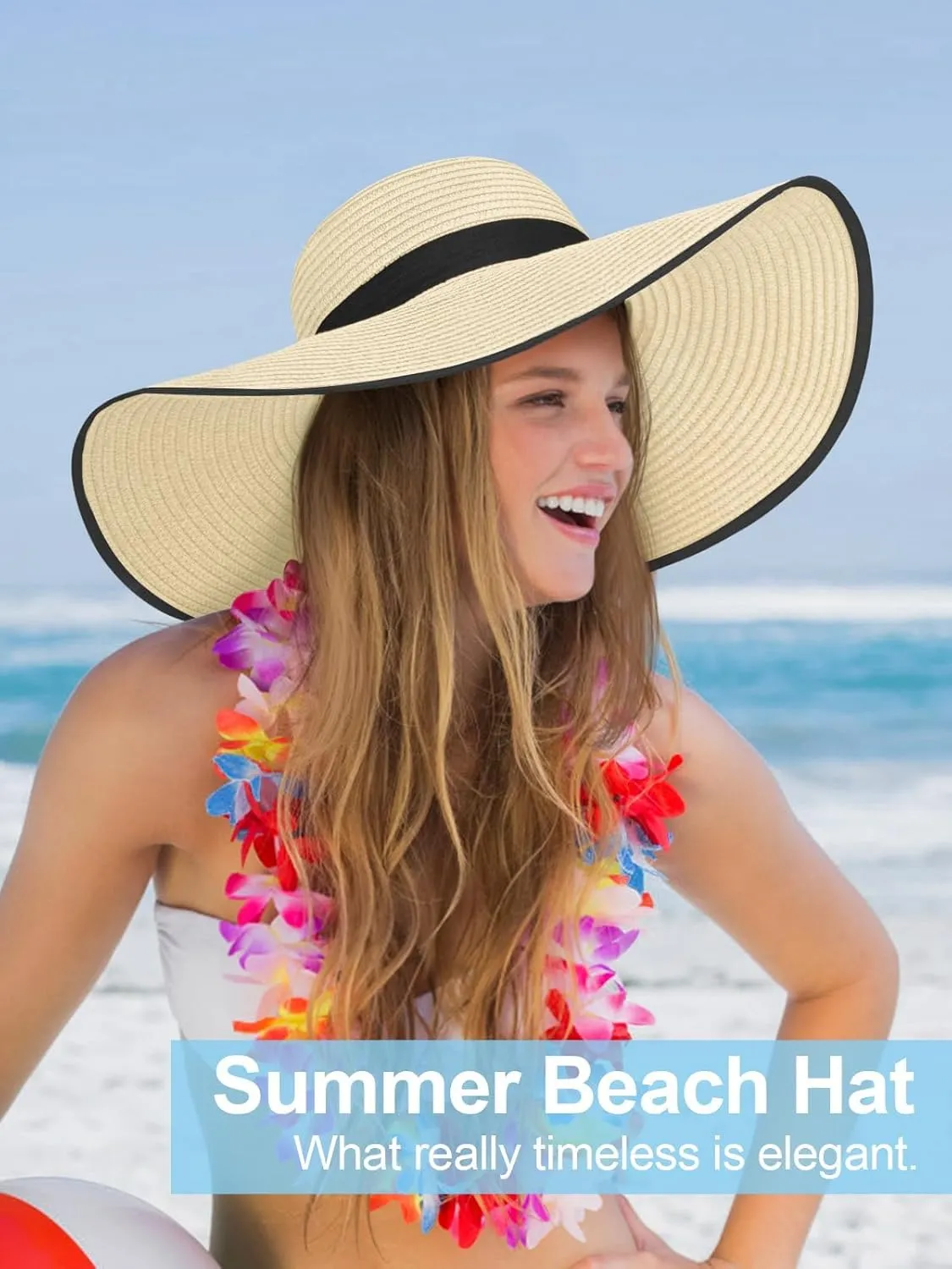 Sun Hats for Women Oversize Wide Brim Straw Beach Hat UV Protection Floppy Foldable Roll-Up Travel Summer Vacation UPF 50 