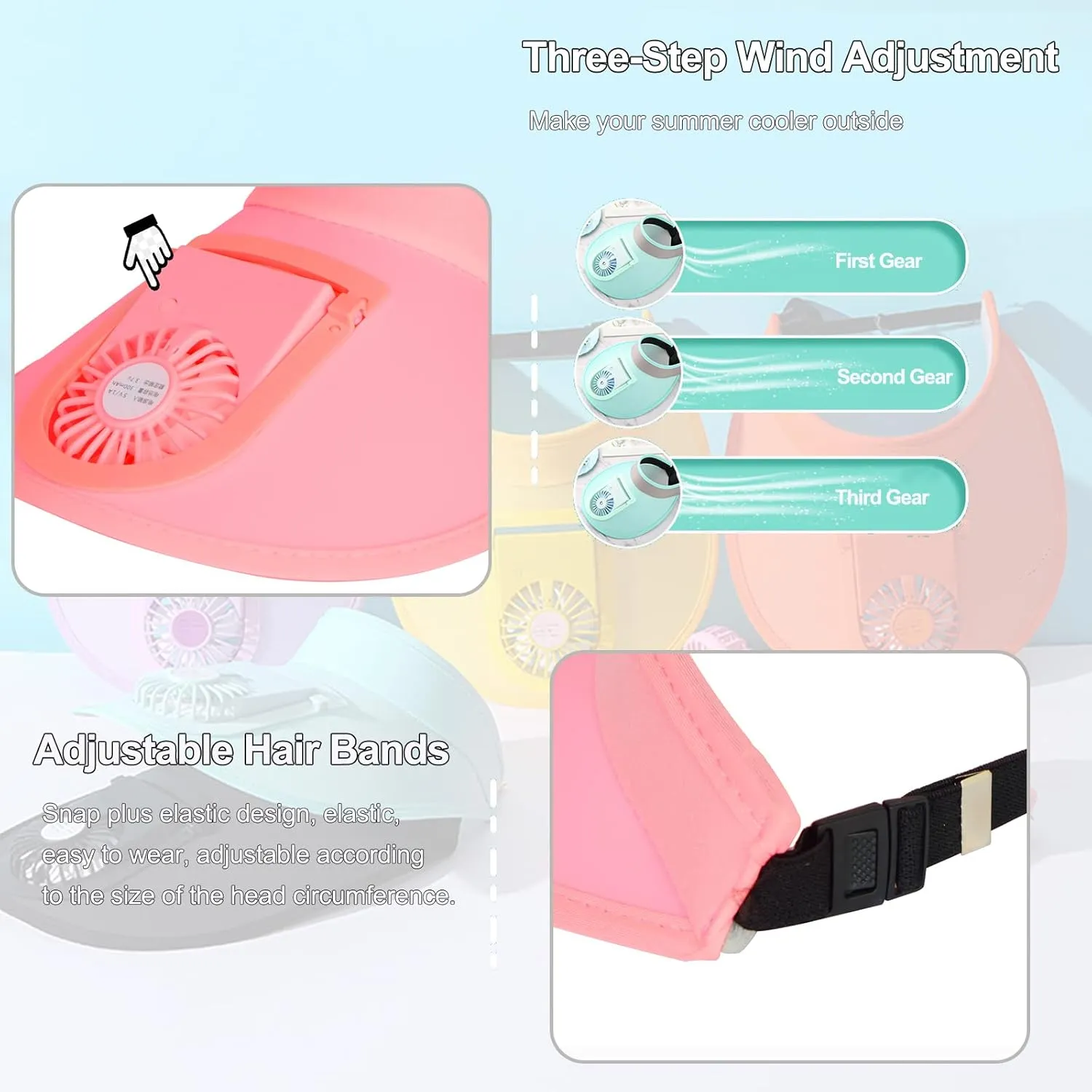 Sun Visors Hat with Fan for Women - Fan Visor Hat - Three-Speed Adjustment and Large Area Sun Protection