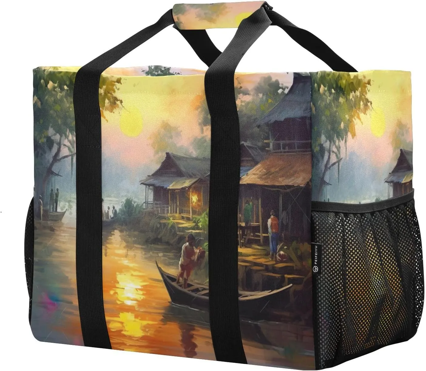 Sunset Old Village River Foldable Travel Duffel Bag for Men Women Waterproof Weekender Overnight Carry On Tote Bag with Comfortable Handle Hospital Bag for Sport Hospital Airplane Business