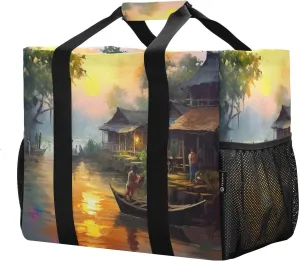 Sunset Old Village River Foldable Travel Duffel Bag for Men Women Waterproof Weekender Overnight Carry On Tote Bag with Comfortable Handle Hospital Bag for Sport Hospital Airplane Business