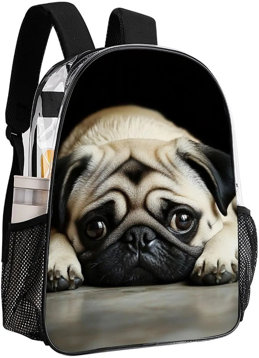 Supdreamc Men Women Lightweight Cute Pug Daypack Bookbag Big Capacity Carry On Bag Transparent Bag for Camping Travel Bicycle