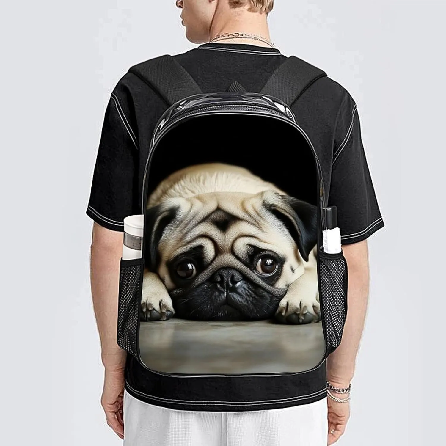 Supdreamc Men Women Lightweight Cute Pug Daypack Bookbag Big Capacity Carry On Bag Transparent Bag for Camping Travel Bicycle